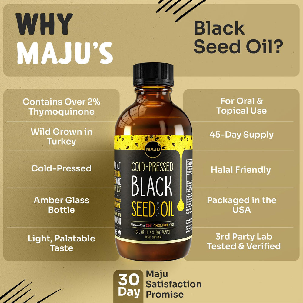 Transparent MAJU Black Seed Oil liquid against white background, clear and bright.