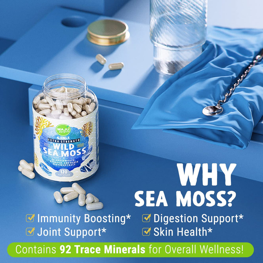 MAJU bladderwrack and burdock root capsules shown in a practical pack.