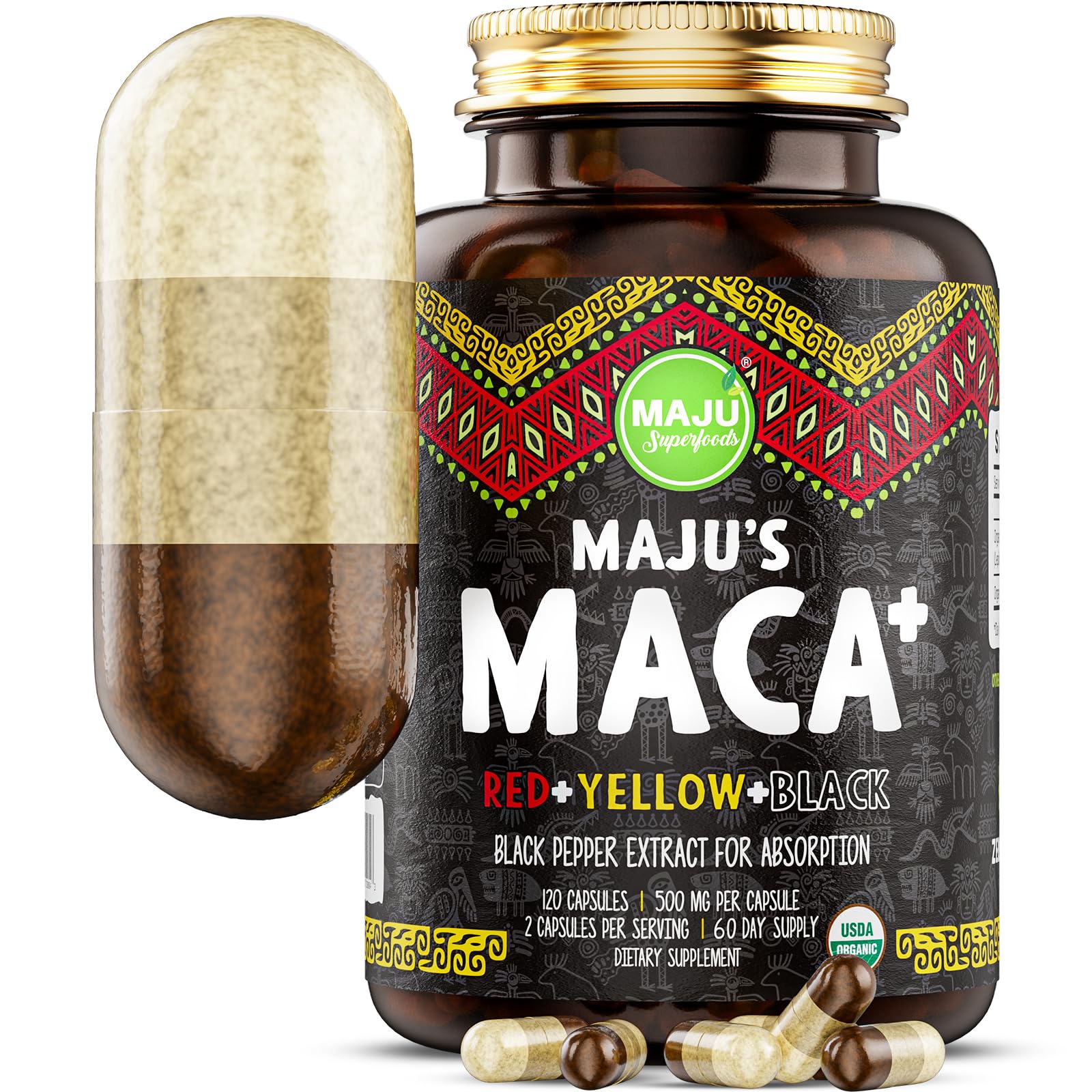 Maju Maca 4-in-1 bottle front view for energy and vitality.