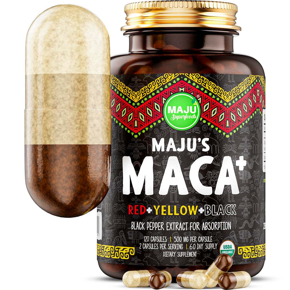 Maju Maca 4-in-1 bottle front view for energy and vitality.
