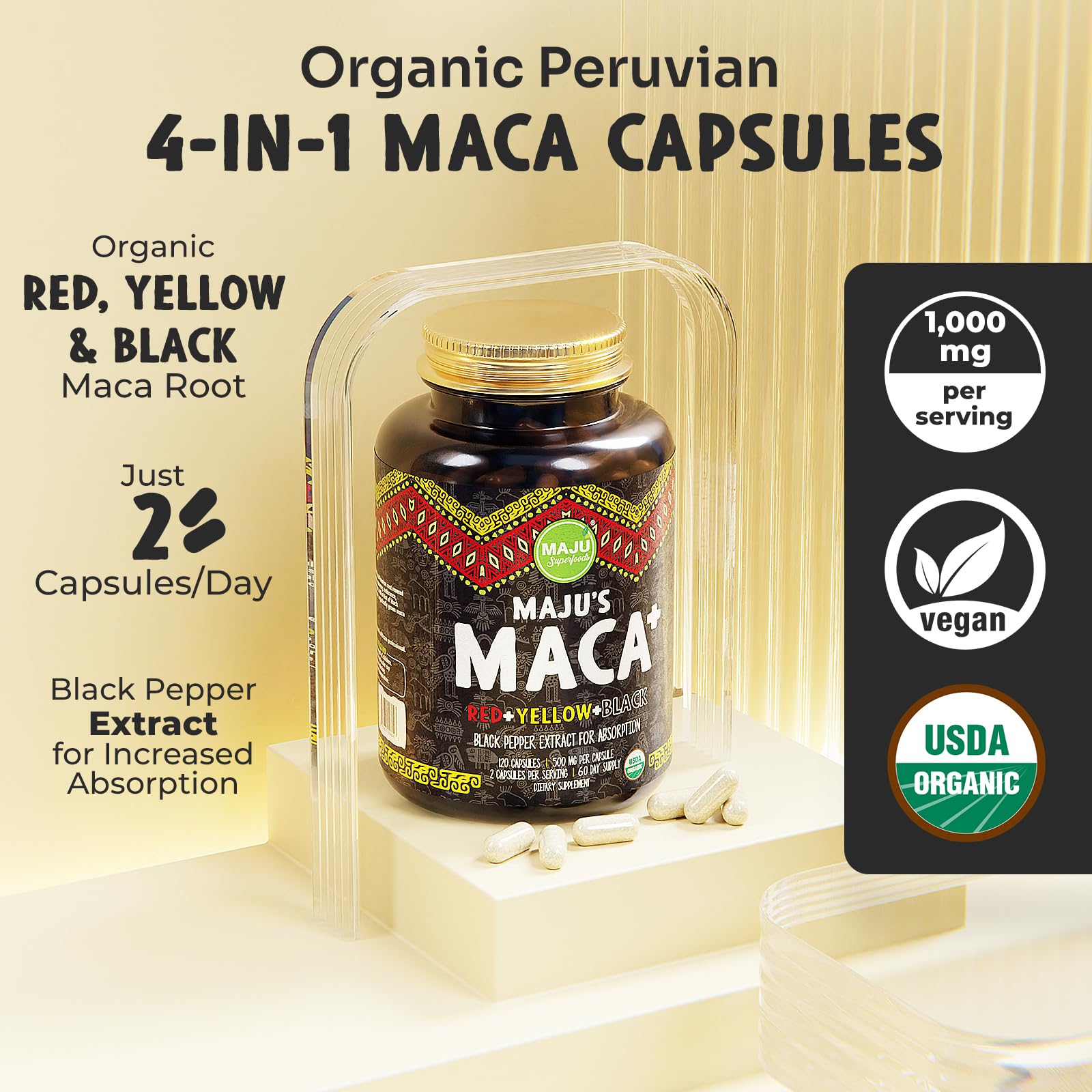 Maju Maca 4-in-1 capsules close-up showing root colors for daily stamina.