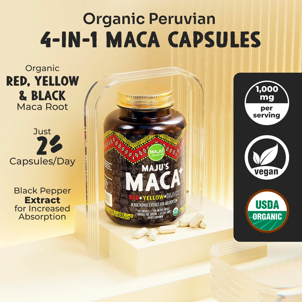 Maju Maca 4-in-1 capsules close-up showing root colors for daily stamina.