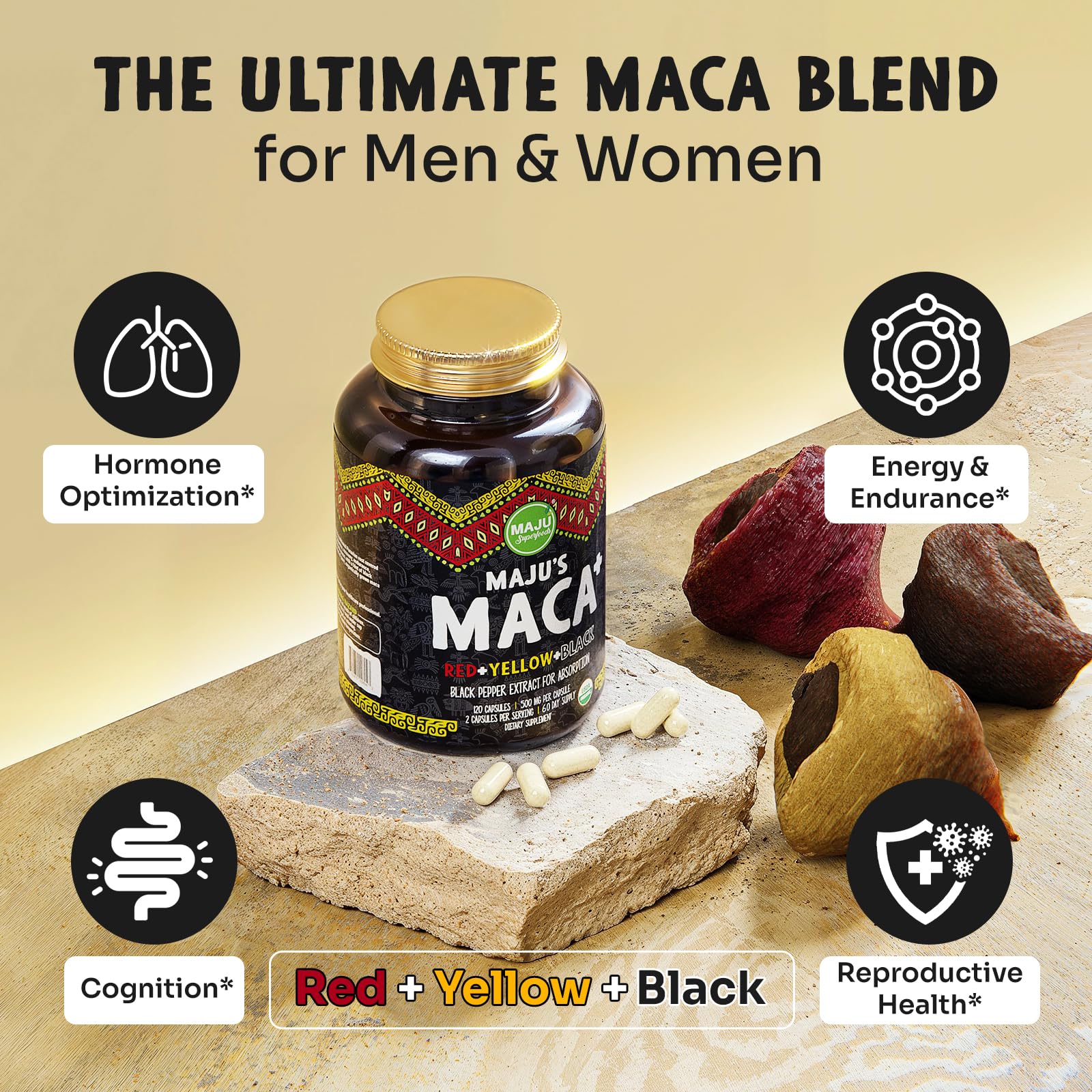Maju Maca label highlights black pepper extract for enhanced absorption.