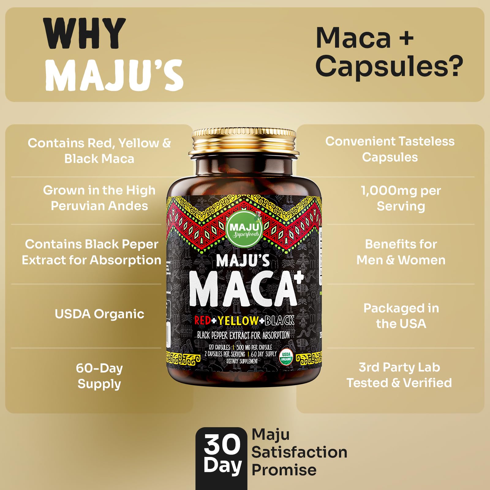 Maju Maca box and bottle on shelf signaling natural Peru-origin energy.