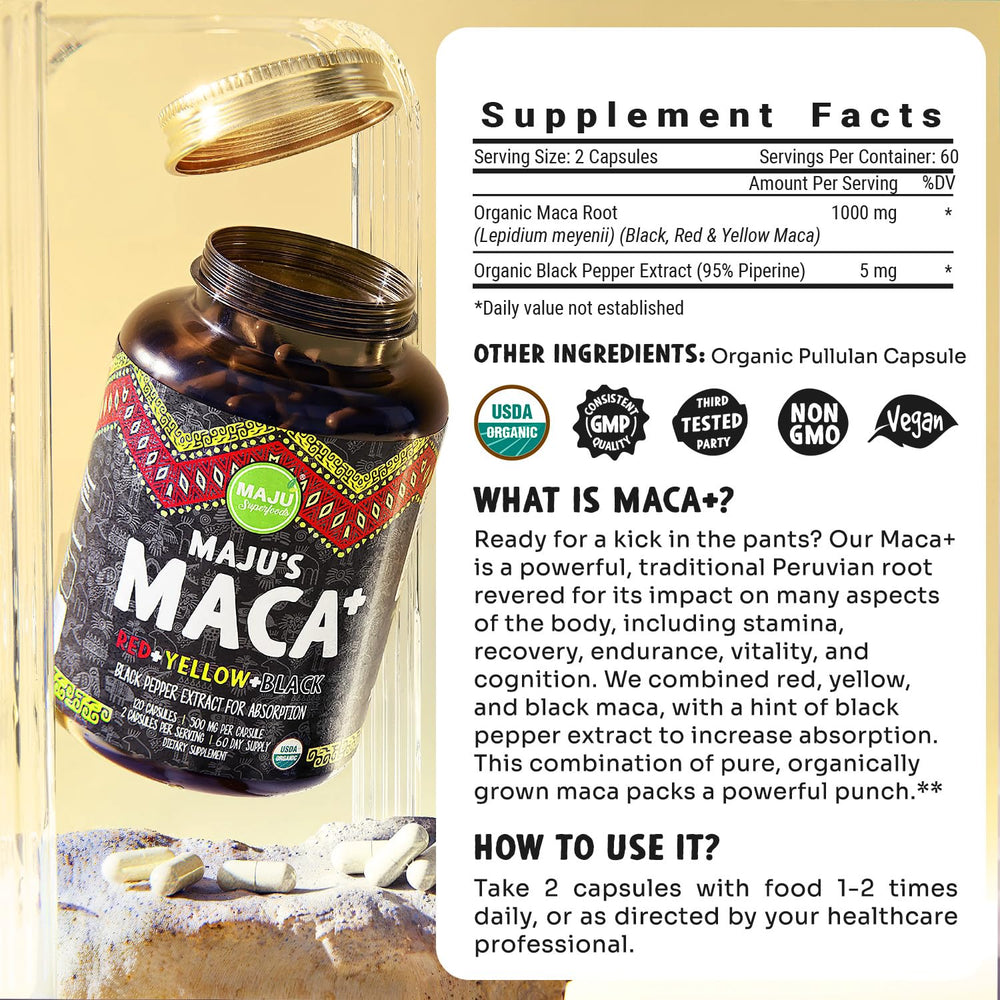 Maju Maca capsules on kitchen counter suggesting routine use and resilience.