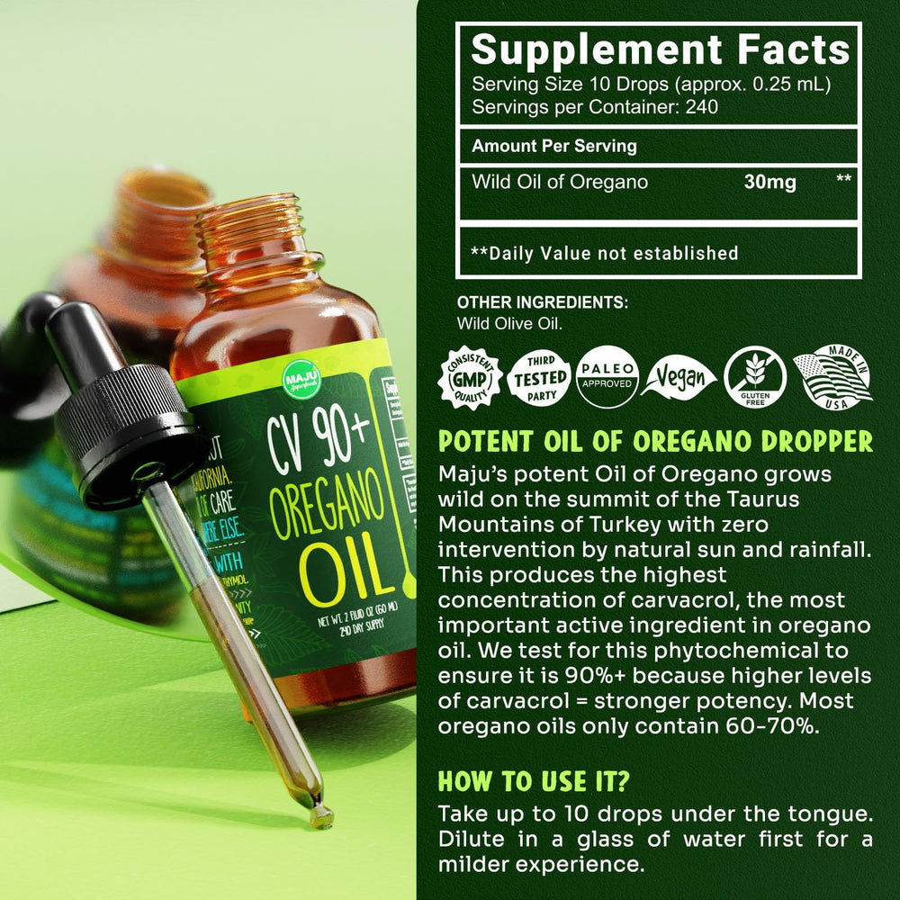 MAJU oregano oil drops dispensing dropper enables precise dosing for recipes and topical use.