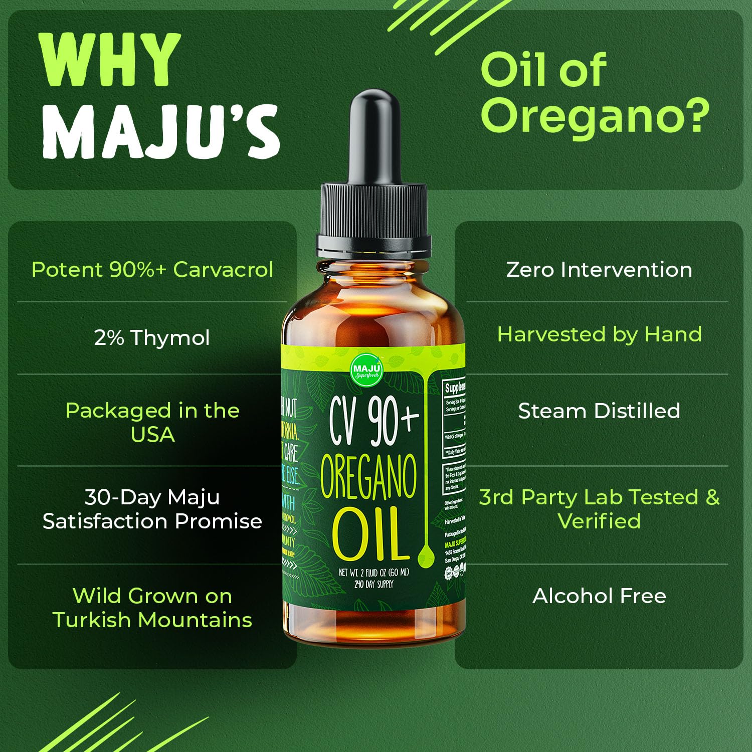 MAJU oregano oil drops glass bottle emphasizes pure, wild oregano oil for versatile kitchen use.