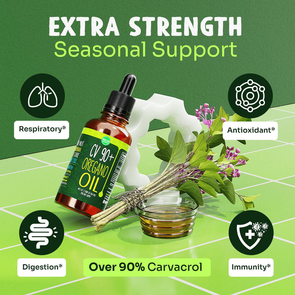 MAJU oregano oil drops label closeup highlights 90%+ carvacrol concentration for antioxidant potential.