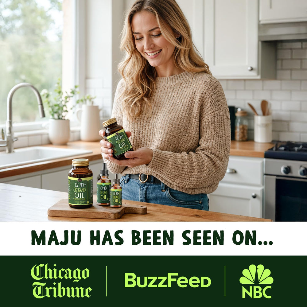 MAJU oregano oil drops olive oil blend provides milder, tastier usage without capsules.