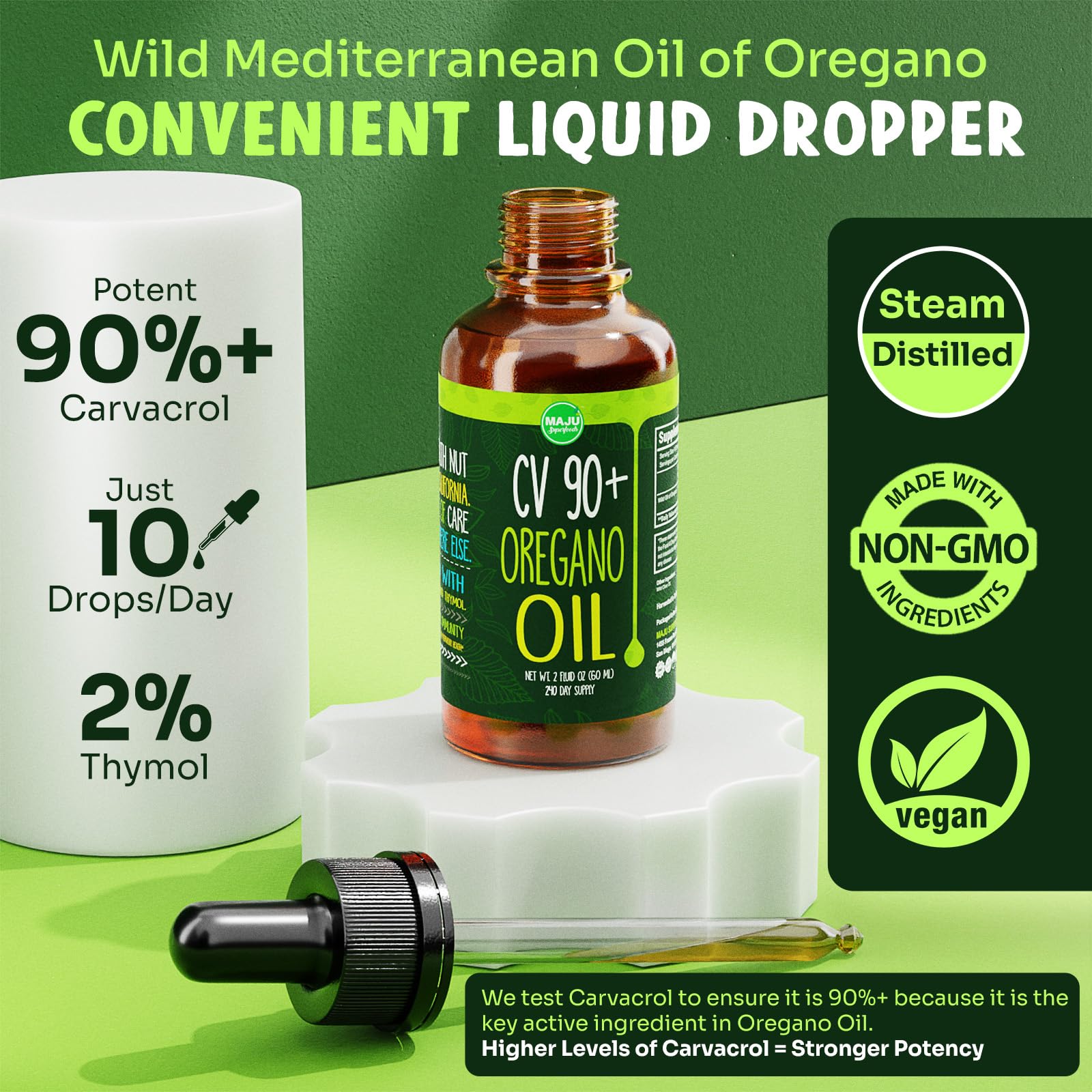 MAJU oregano oil drops pour shows easy dosing for convenient seasonal support.