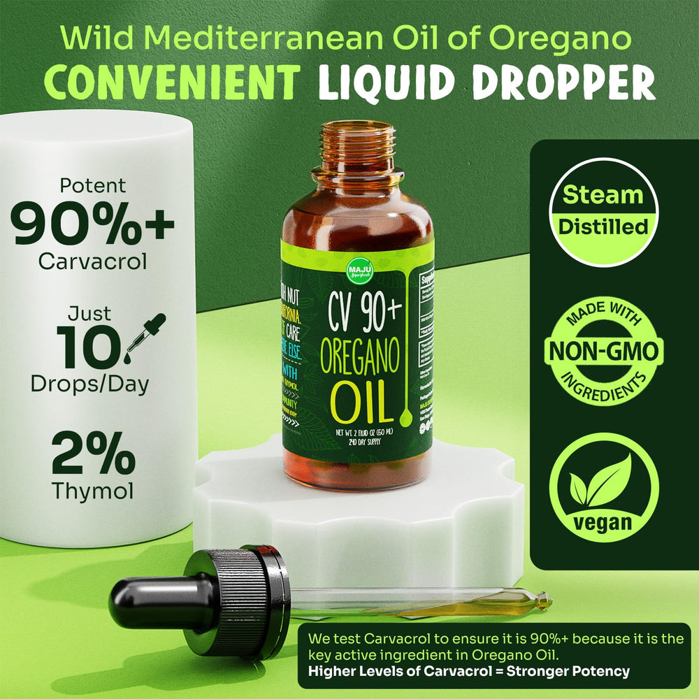 MAJU oregano oil drops pour shows easy dosing for convenient seasonal support.