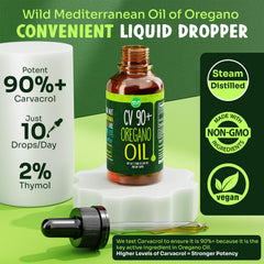 MAJU oregano oil drops pour shows easy dosing for convenient seasonal support.