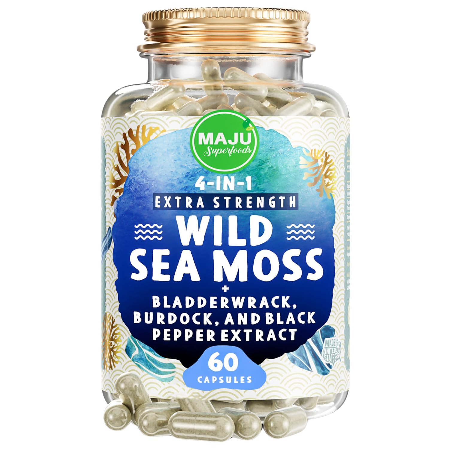 MAJU Sea Moss 4-in-1 capsules bottle promotes daily vitality and wellness.