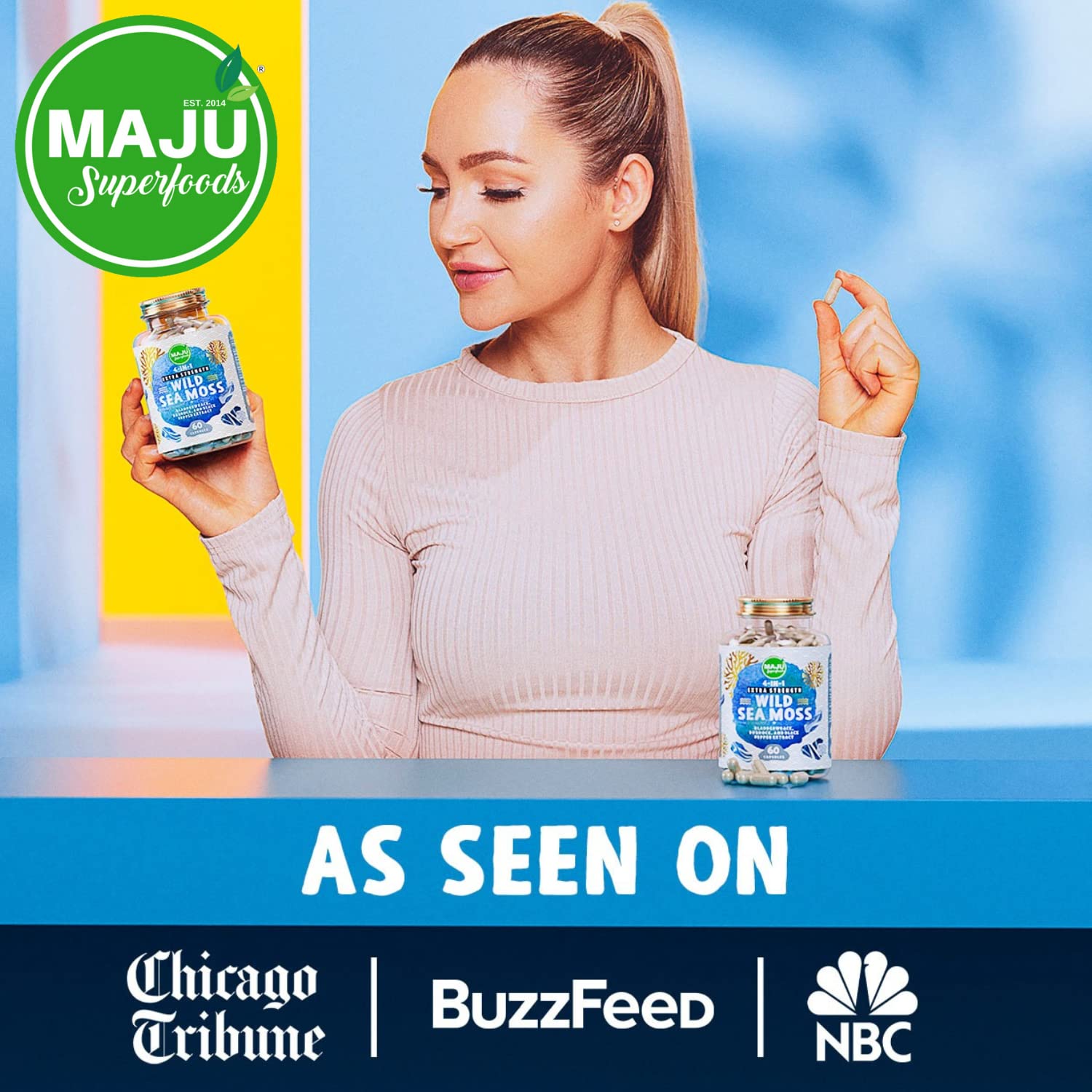 MAJU Sea Moss bladderwrack and burdock ingredients display, signaling potential immune-supportive wellness.