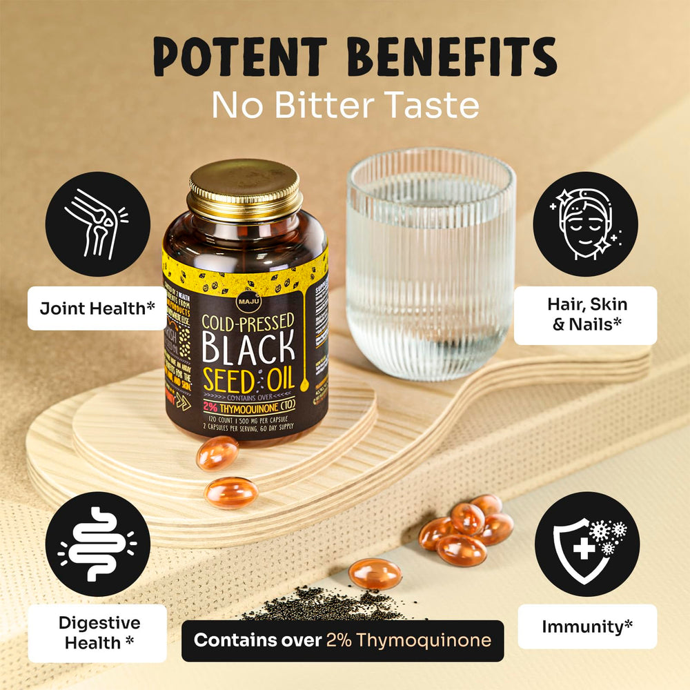 Maju Superfoods black seed oil capsules bottle label, organic quality.