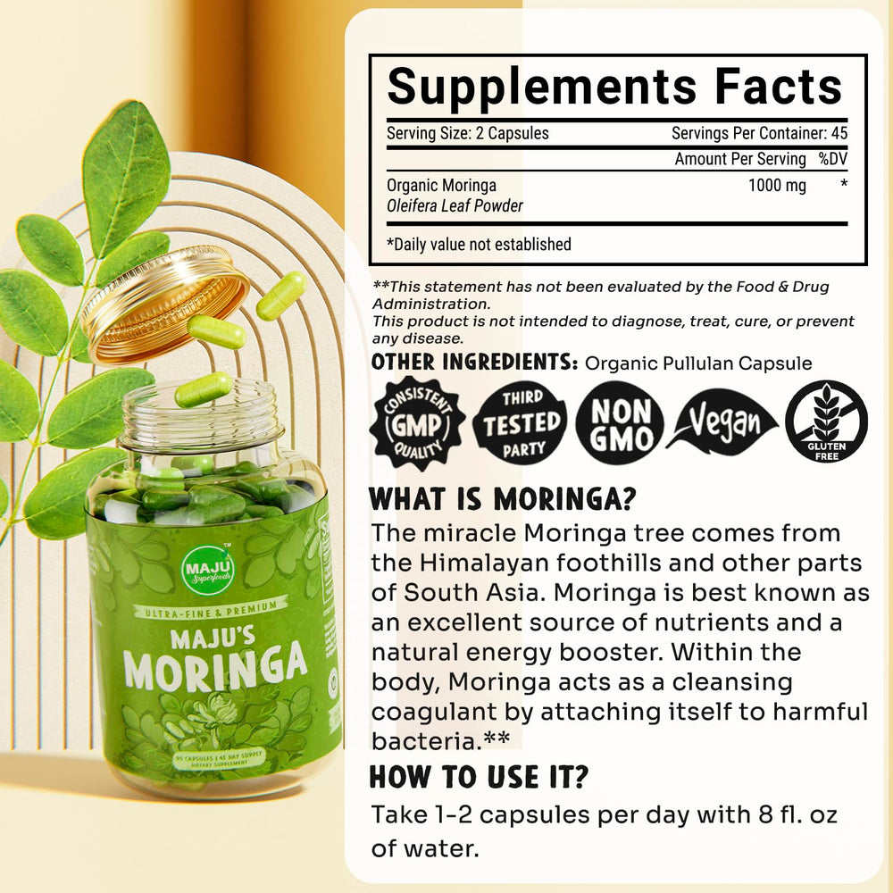 Maju Superfoods Moringa capsules neatly aligned for a simple daily routine