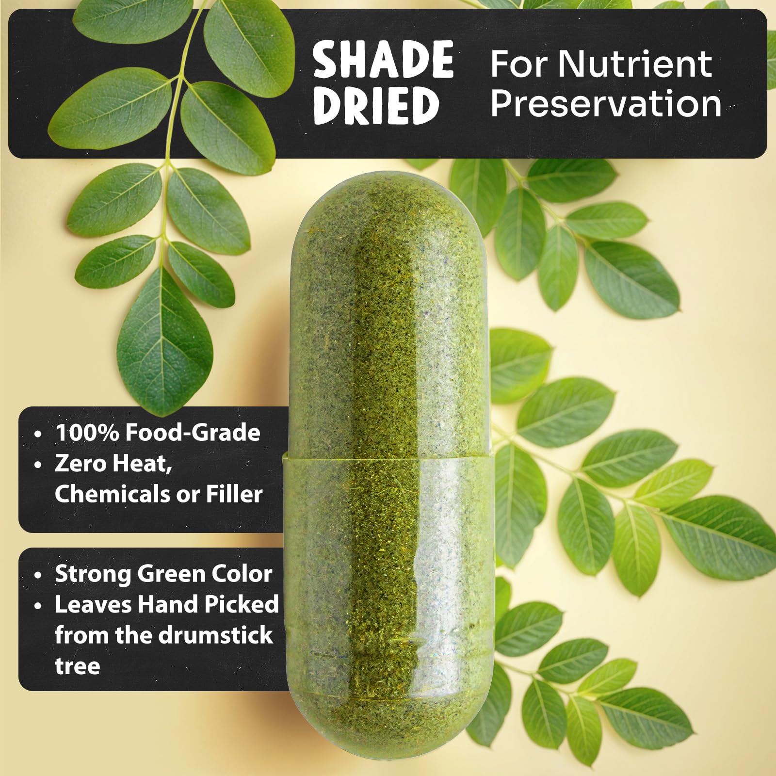Maju Superfoods Moringa capsules green tint signals natural potency for daily use