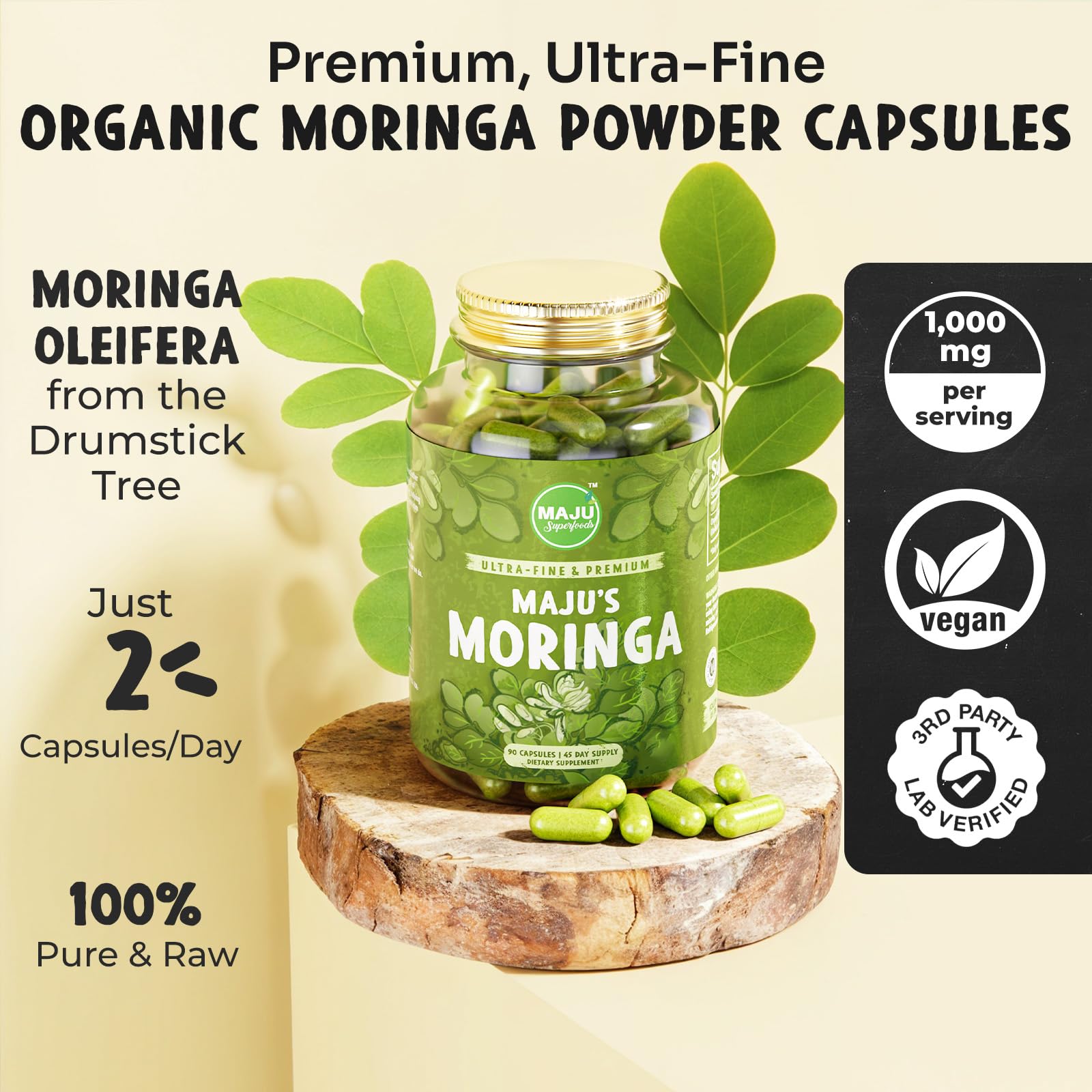 Maju Superfoods Moringa leaves close-up showing shade-dried leaves preserving nutrients