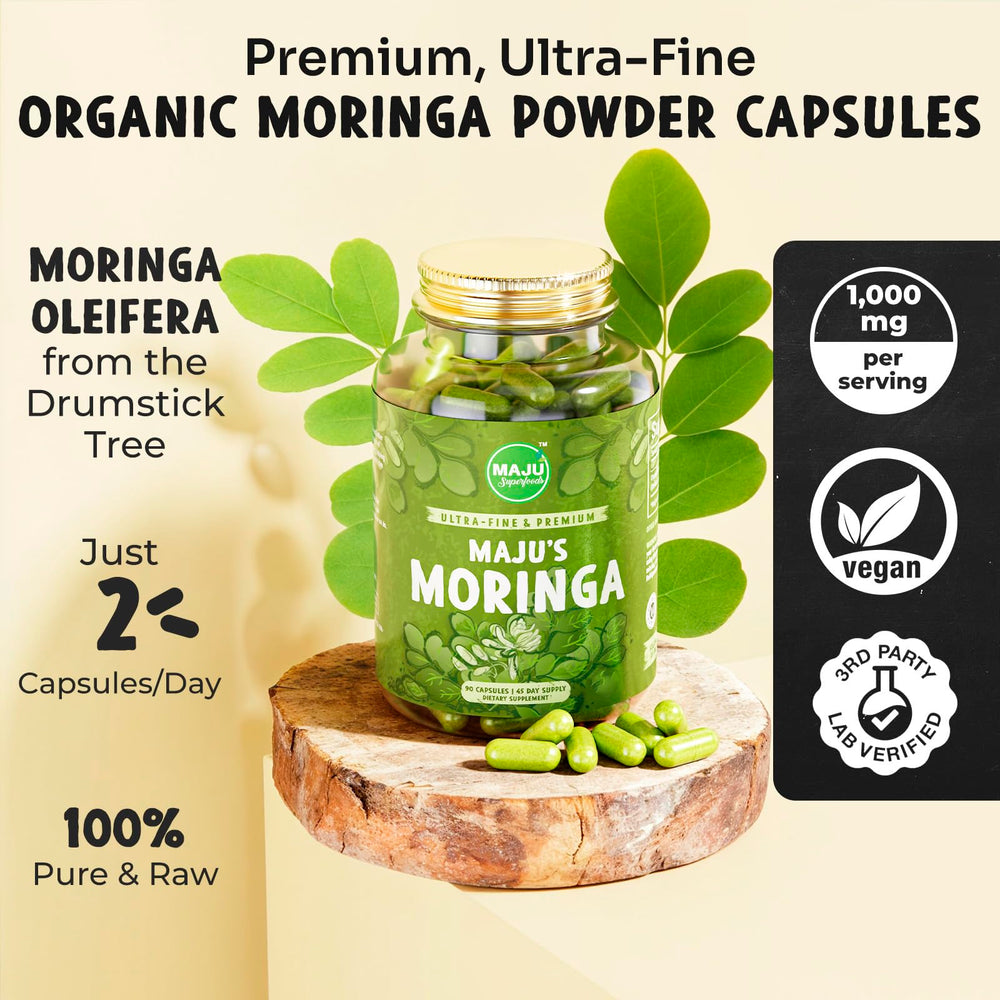 Maju Superfoods Moringa leaves close-up showing shade-dried leaves preserving nutrients