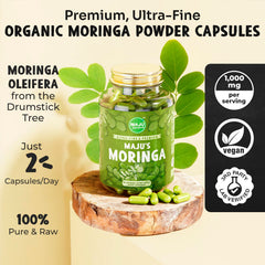 Maju Superfoods Moringa leaves close-up showing shade-dried leaves preserving nutrients
