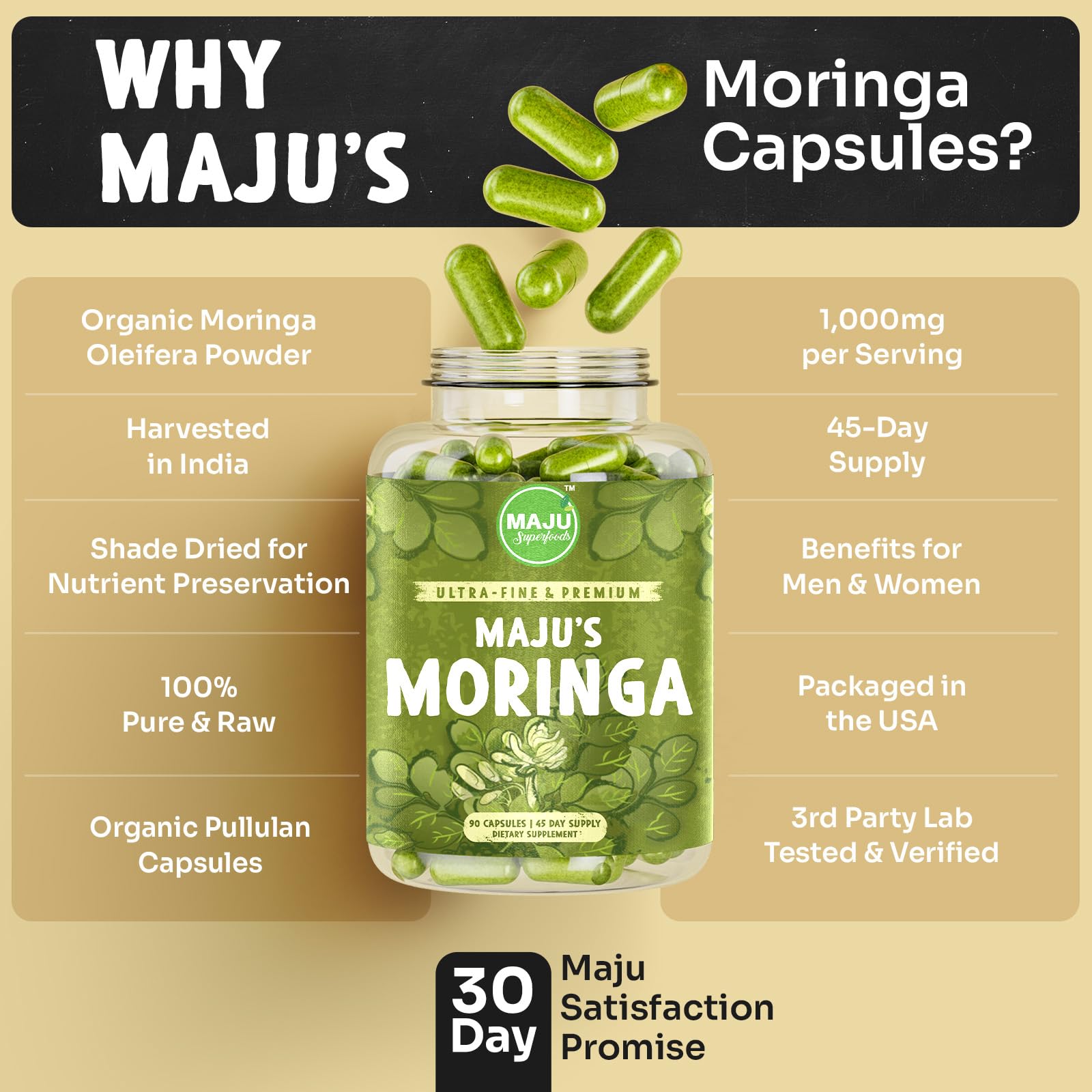 Maju Superfoods Moringa capsules being poured from bottle supports convenient daily routine