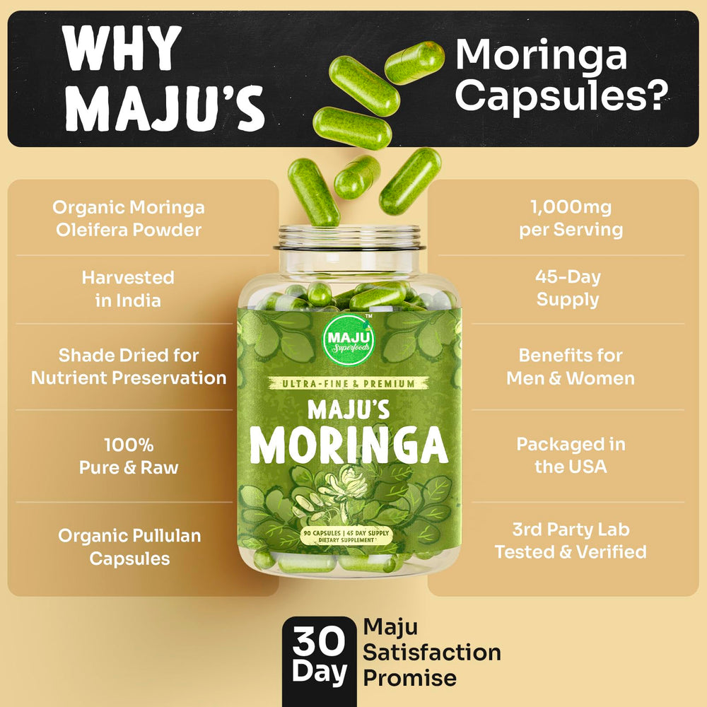 Maju Superfoods Moringa capsules being poured from bottle supports convenient daily routine