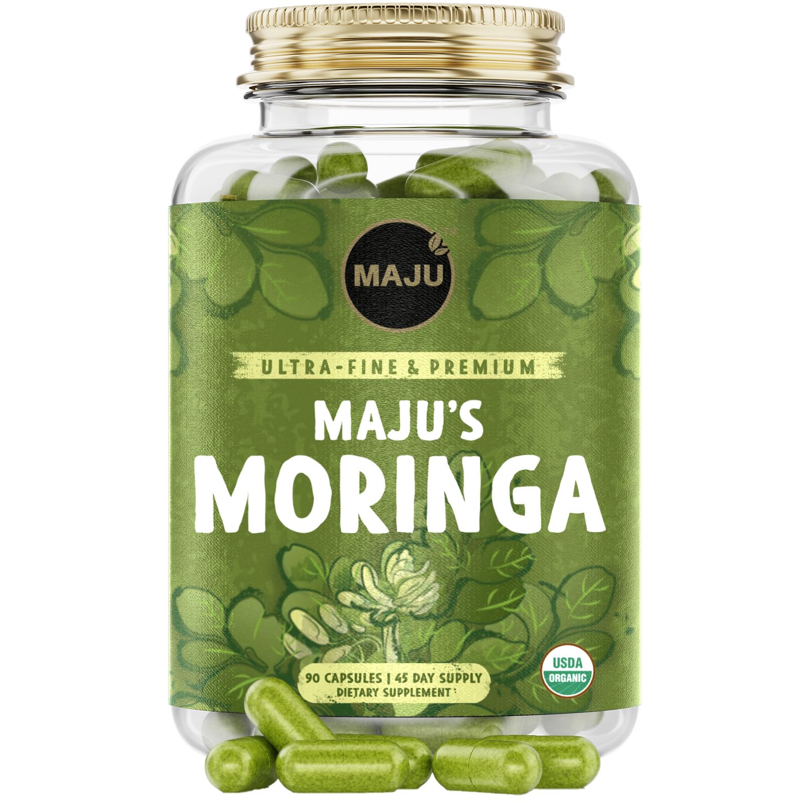 Maju Superfoods Moringa capsules packaging close-up highlighting premium quality