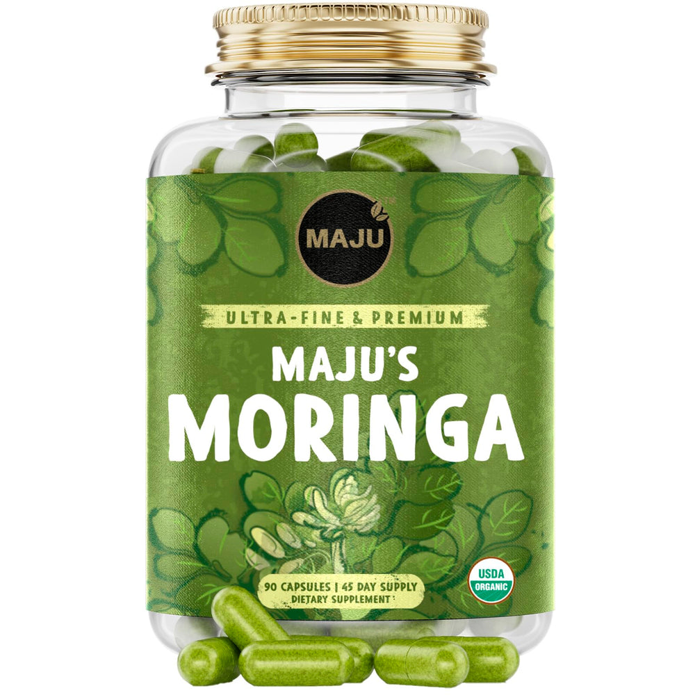 Maju Superfoods Moringa capsules packaging close-up highlighting premium quality