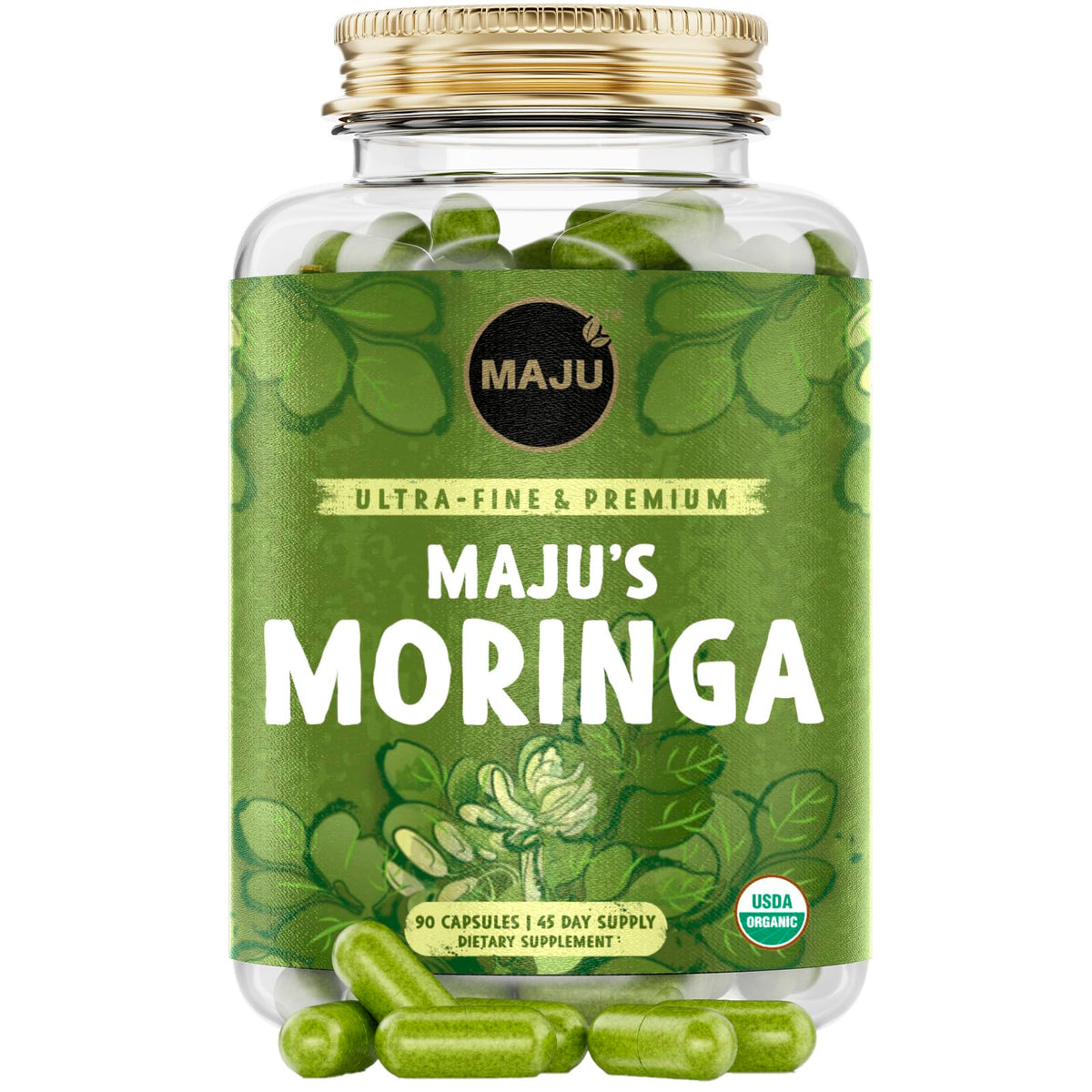 Maju Superfoods Moringa capsules packaging close-up highlighting premium quality