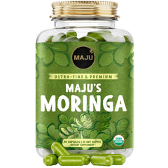 Maju Superfoods Moringa capsules packaging close-up highlighting premium quality