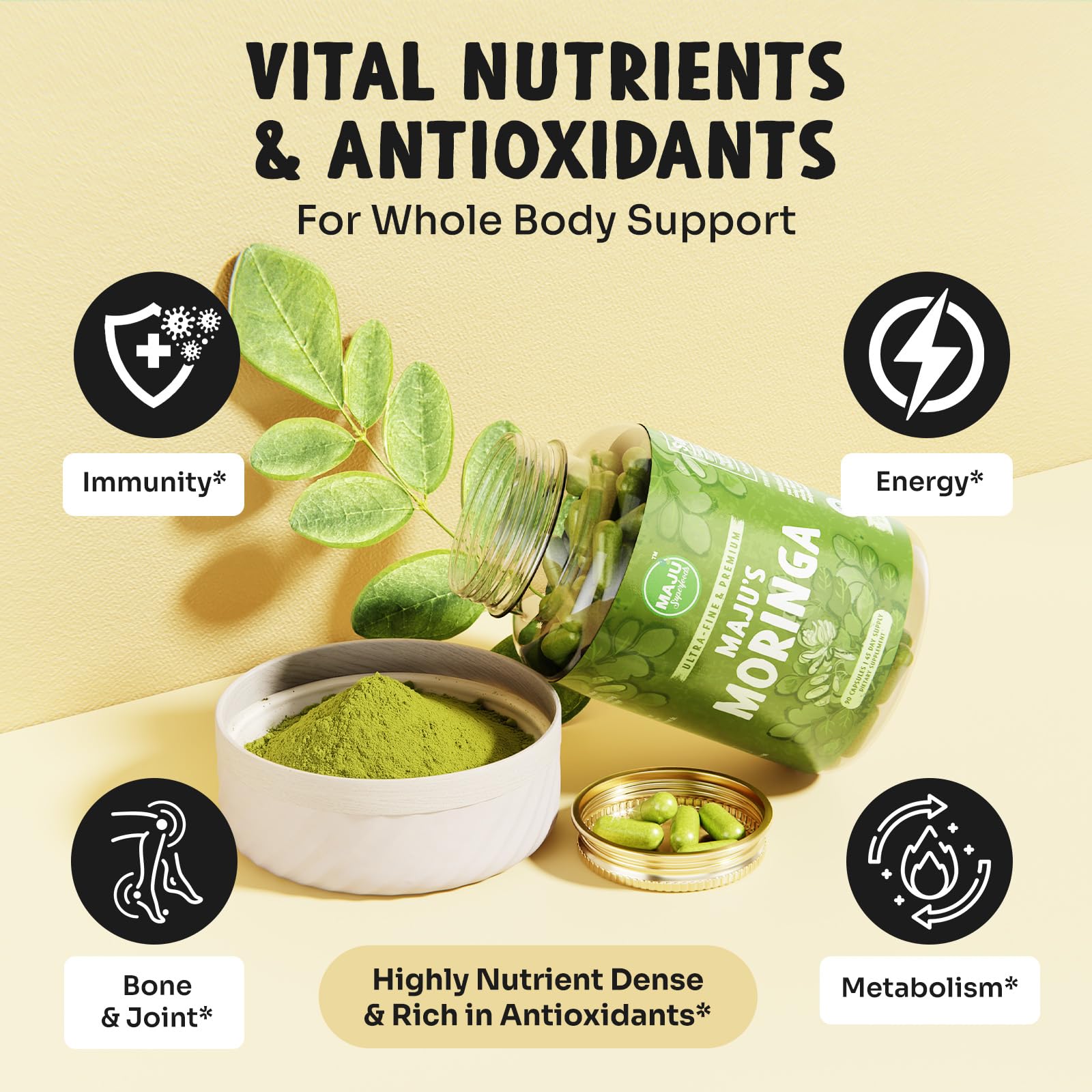 Maju Superfoods Moringa capsules shade-dried leaves indicate premium processing and natural flavor