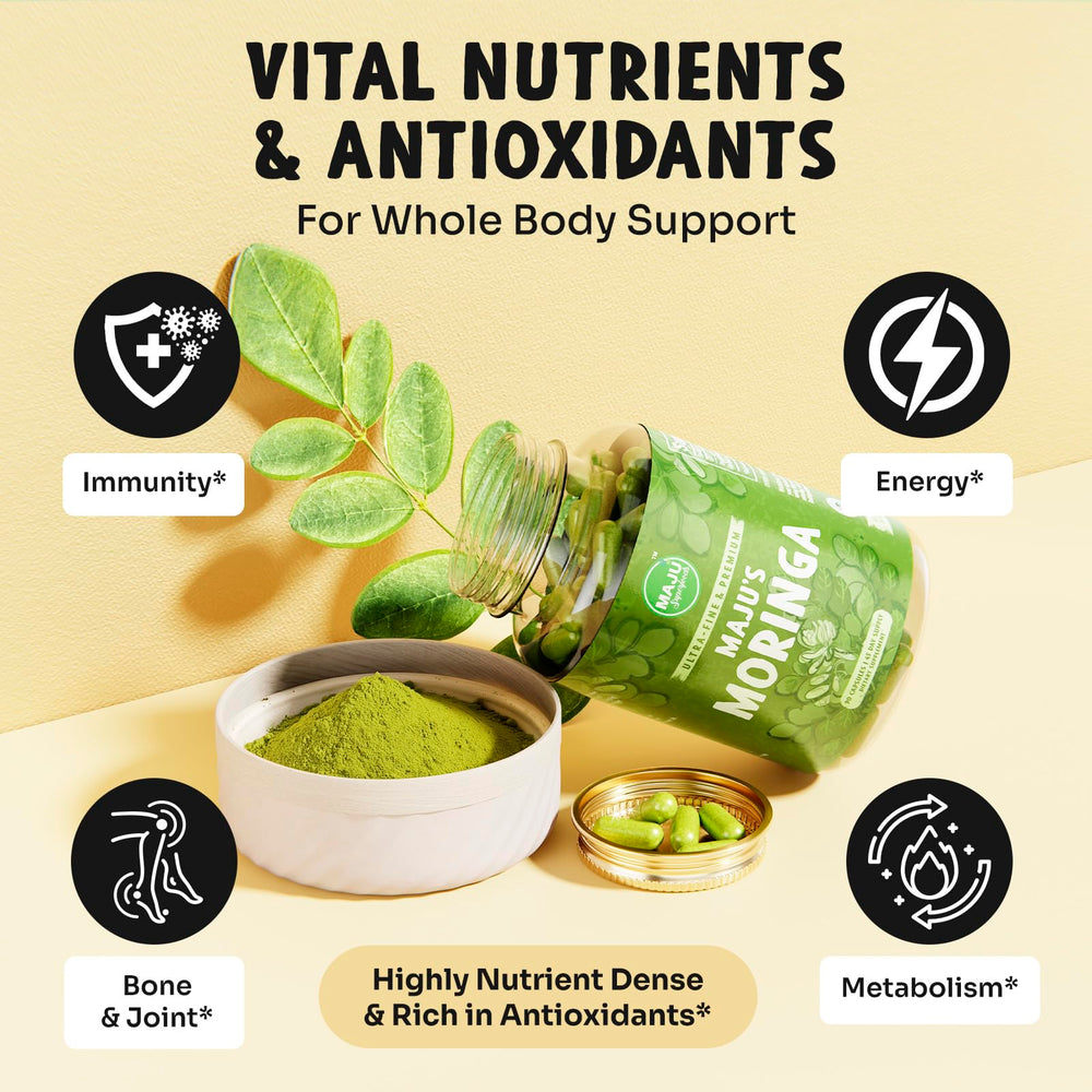 Maju Superfoods Moringa capsules shade-dried leaves indicate premium processing and natural flavor