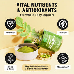 Maju Superfoods Moringa capsules shade-dried leaves indicate premium processing and natural flavor