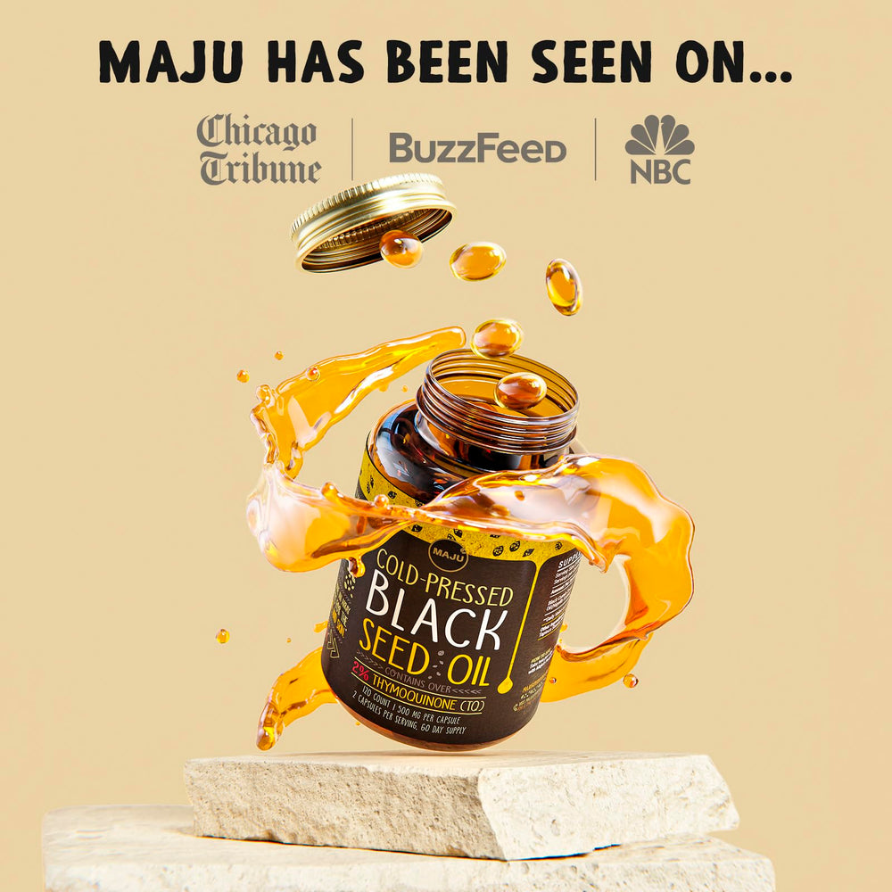 Maju Superfoods organic black seed oil capsules packaging with resealable cap.