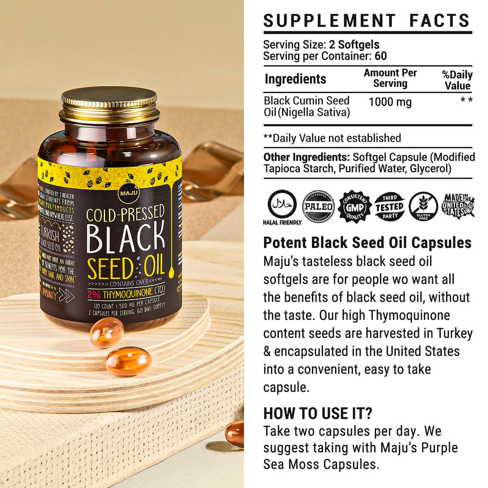Maju Superfoods strong thymoquinone bottle, premium extract in capsules.