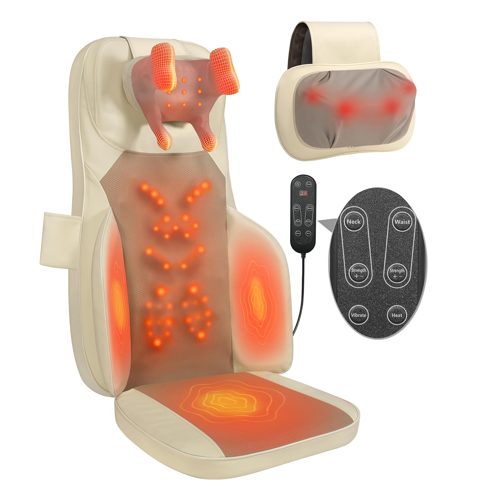 Makerzone Shiatsu cushion front view on an office chair for targeted neck and back relief.