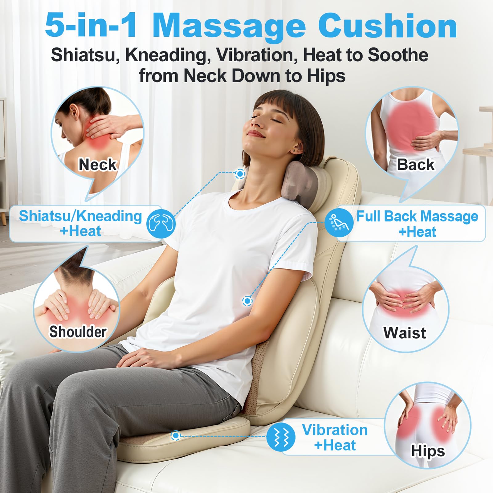Makerzone Shiatsu cushion heat settings panel showing customizable warmth for muscle comfort.