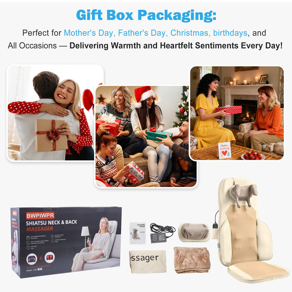 Makerzone Shiatsu unboxing shows neck nodes, back massager, remote, and bag.