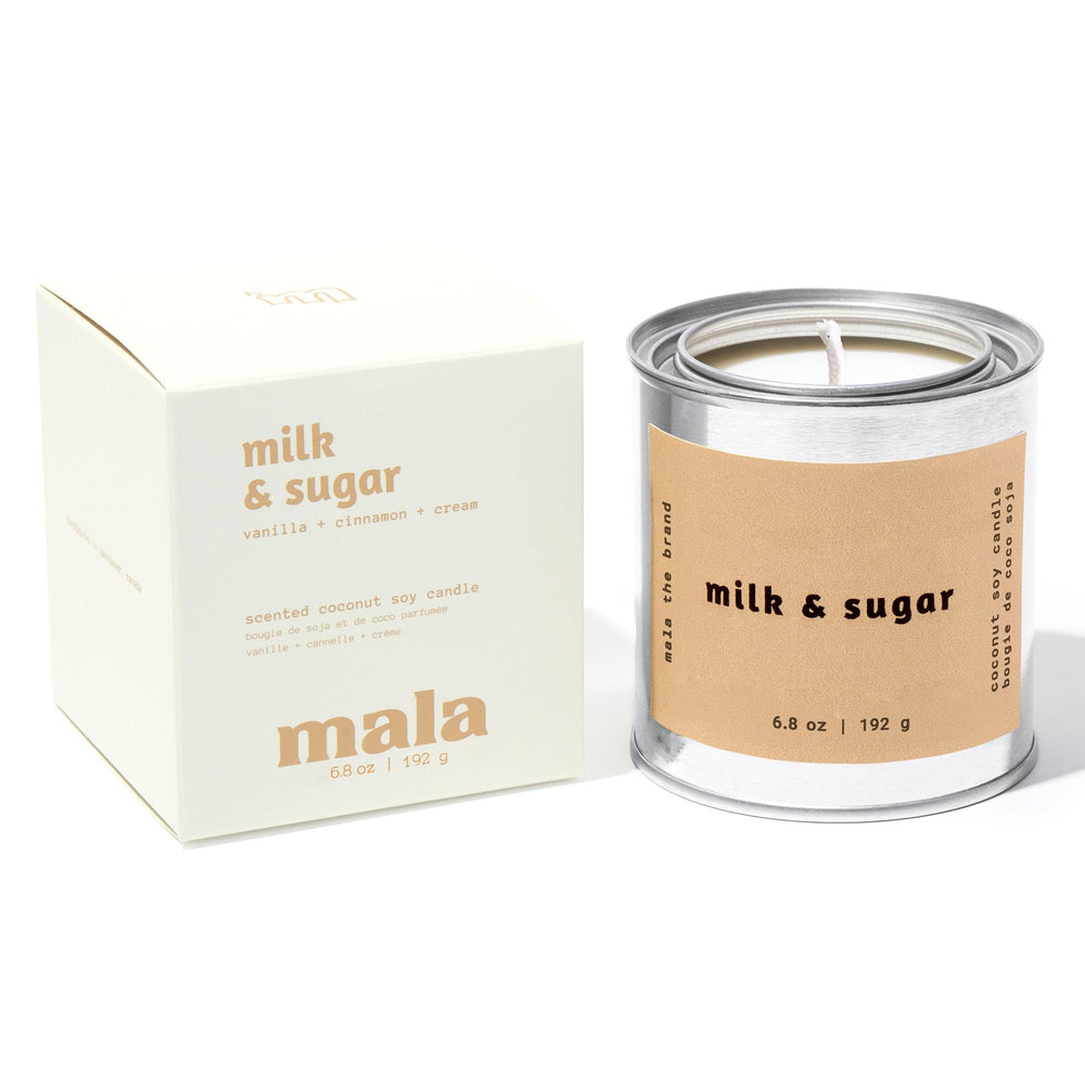 MALA Milk & Sugar candle jar close-up with cozy vanilla-cinnamon aroma ideal for relaxing evenings
