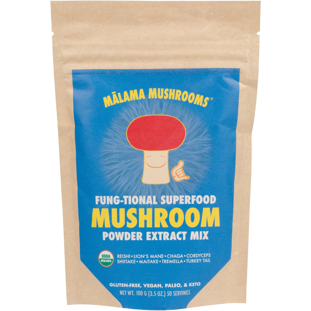Malama Mushrooms 8-Mushroom Extract Powder front label for natural wellness