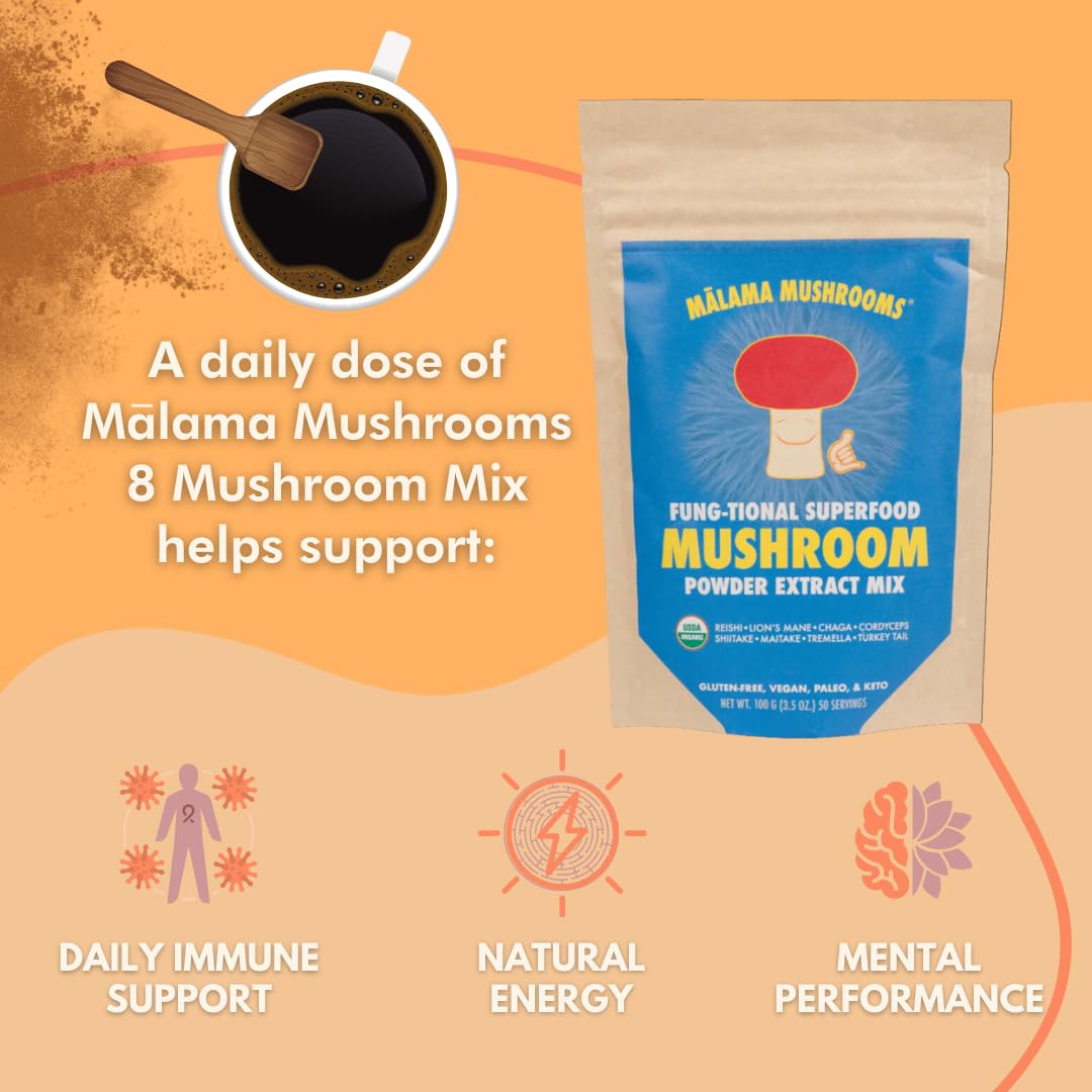 Malama Mushrooms 8-Mushroom Extract Powder packaging bottle emphasizing organic quality and testing