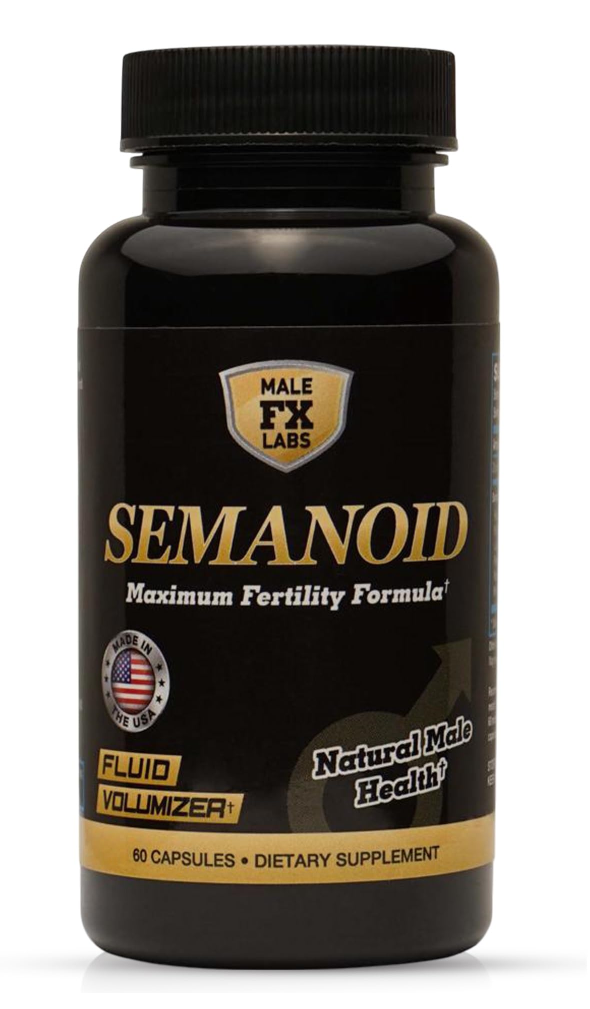 Male FX Labs SEMANOID bottle front view highlighting product name and design for fertility support