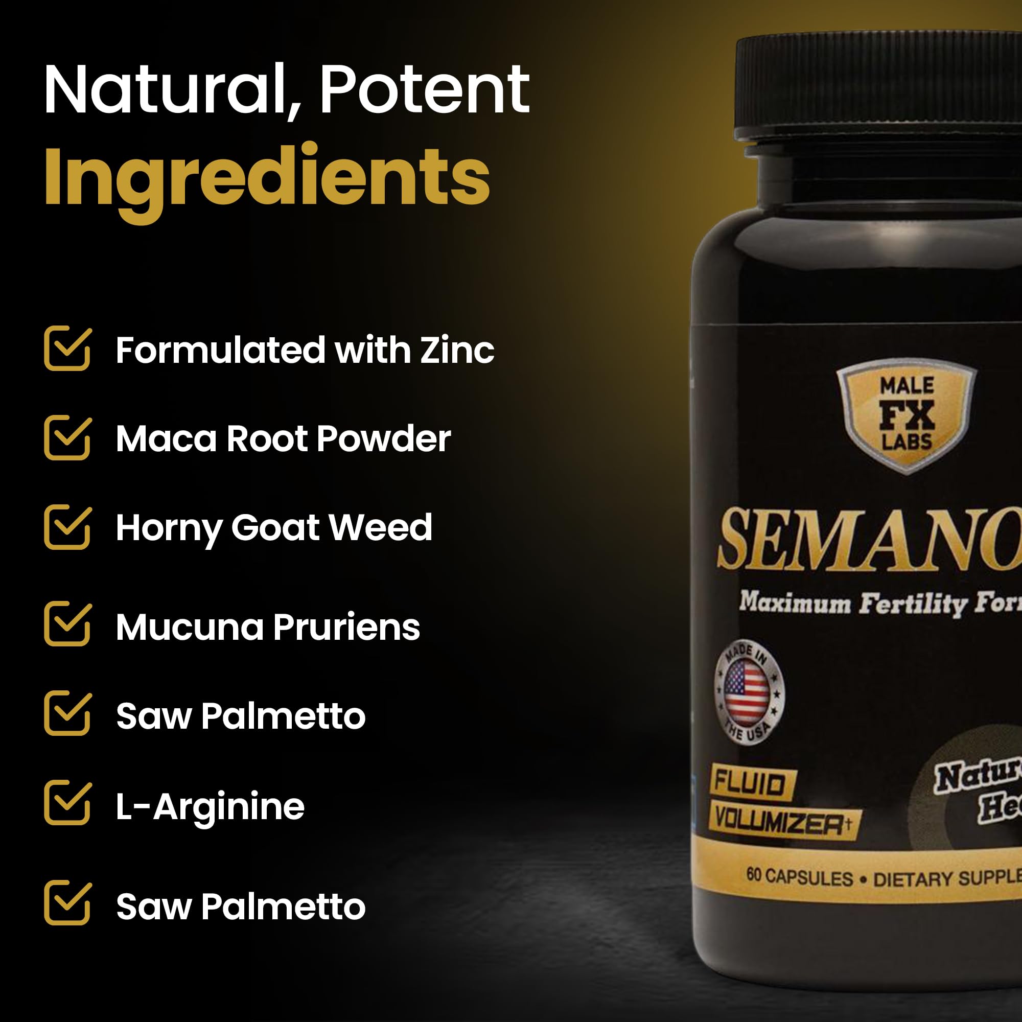 SEMANOID ingredients panel from Male FX Labs listing nutrients and extracts