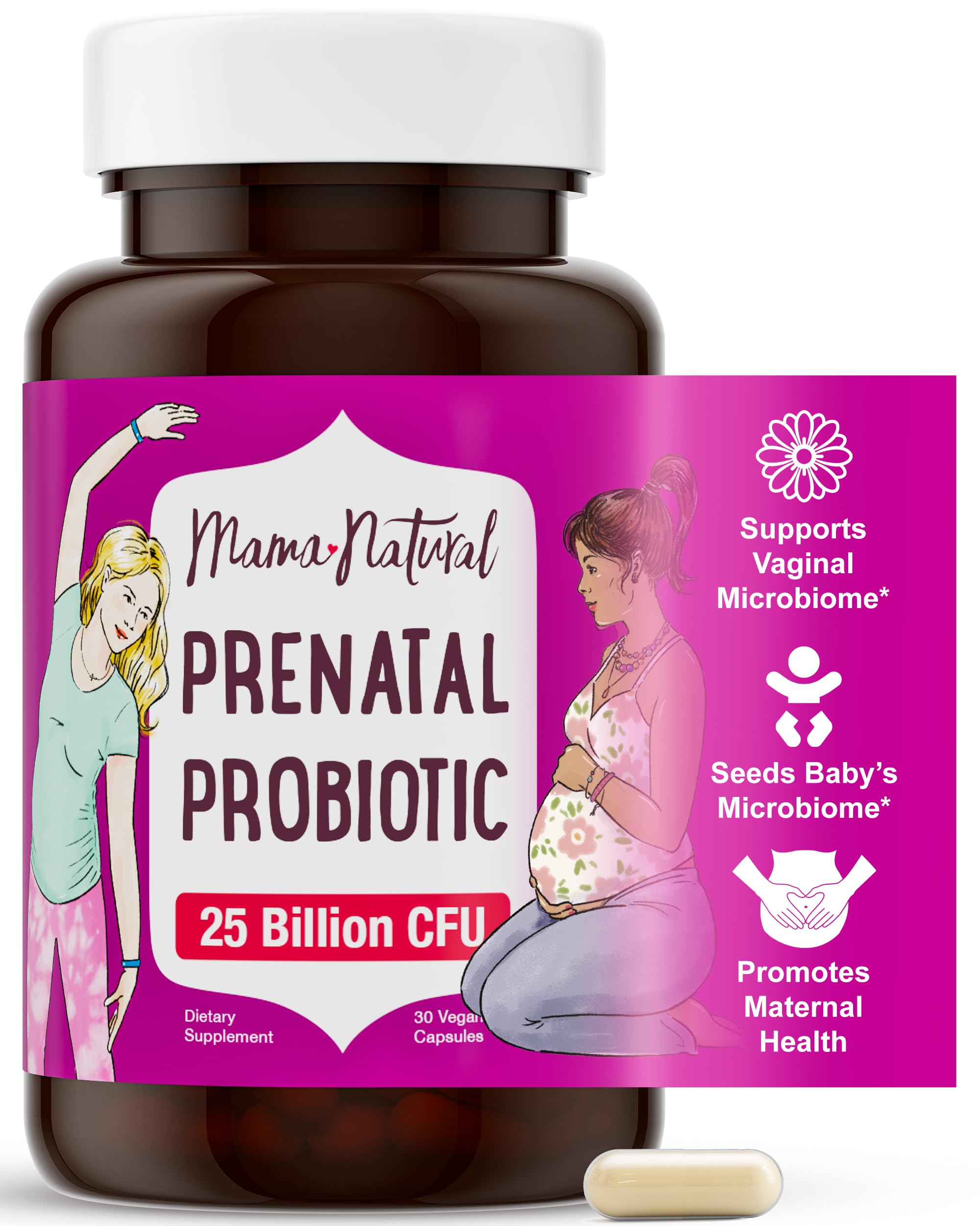 Mama Natural Prenatal Probiotics bottle closeup showcasing 25B CFU and 12 strains for gut balance during pregnancy.