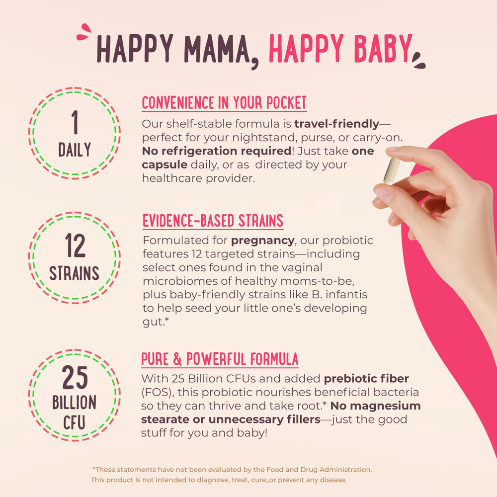 Label closeup shows 25B CFU and shelf-stable formula for mom and baby.