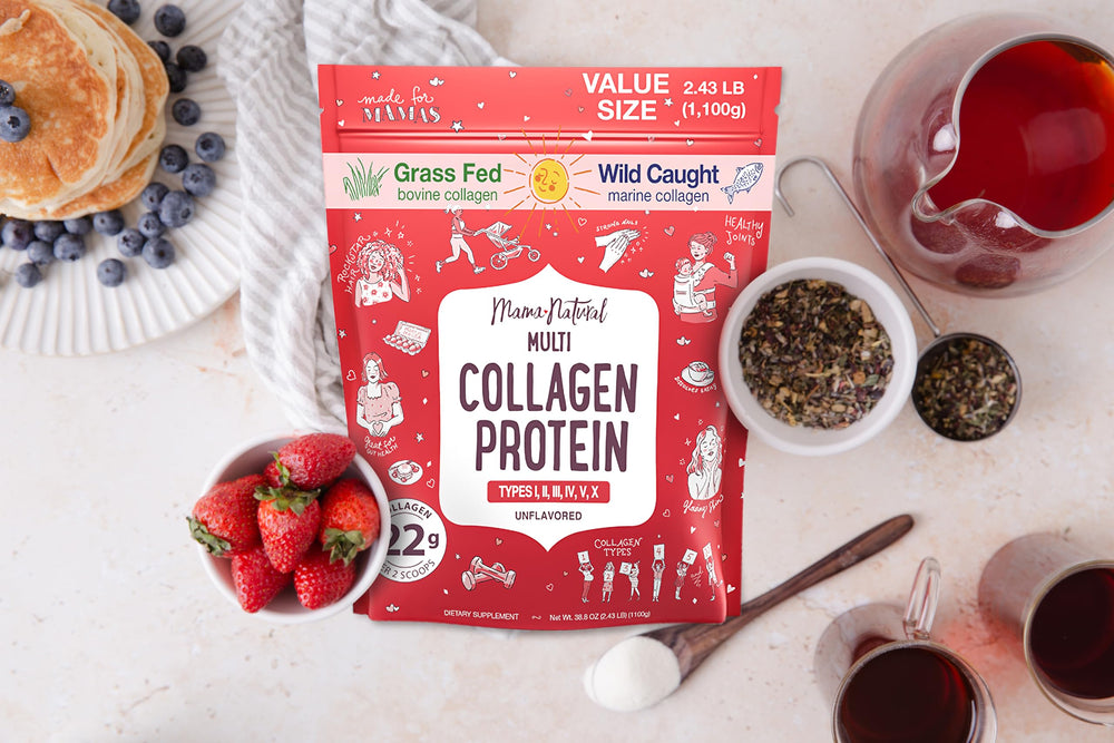 Value pack showing 100 servings of Mama Natural collagen powder