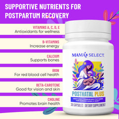 Mama's Select postnatal vitamins bottle with glass shows one daily dose for simplicity