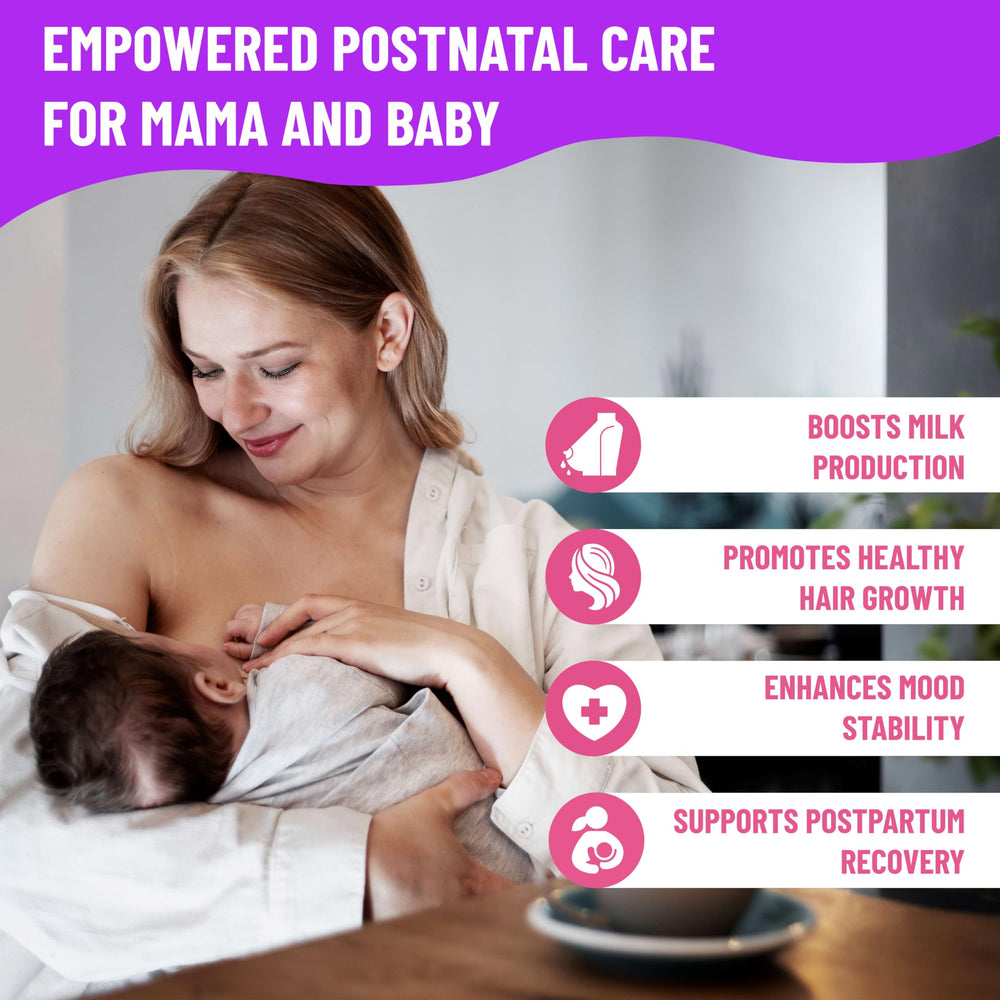 Mama's Select postnatal vitamins bottle with serving suggests bedside routine after baby