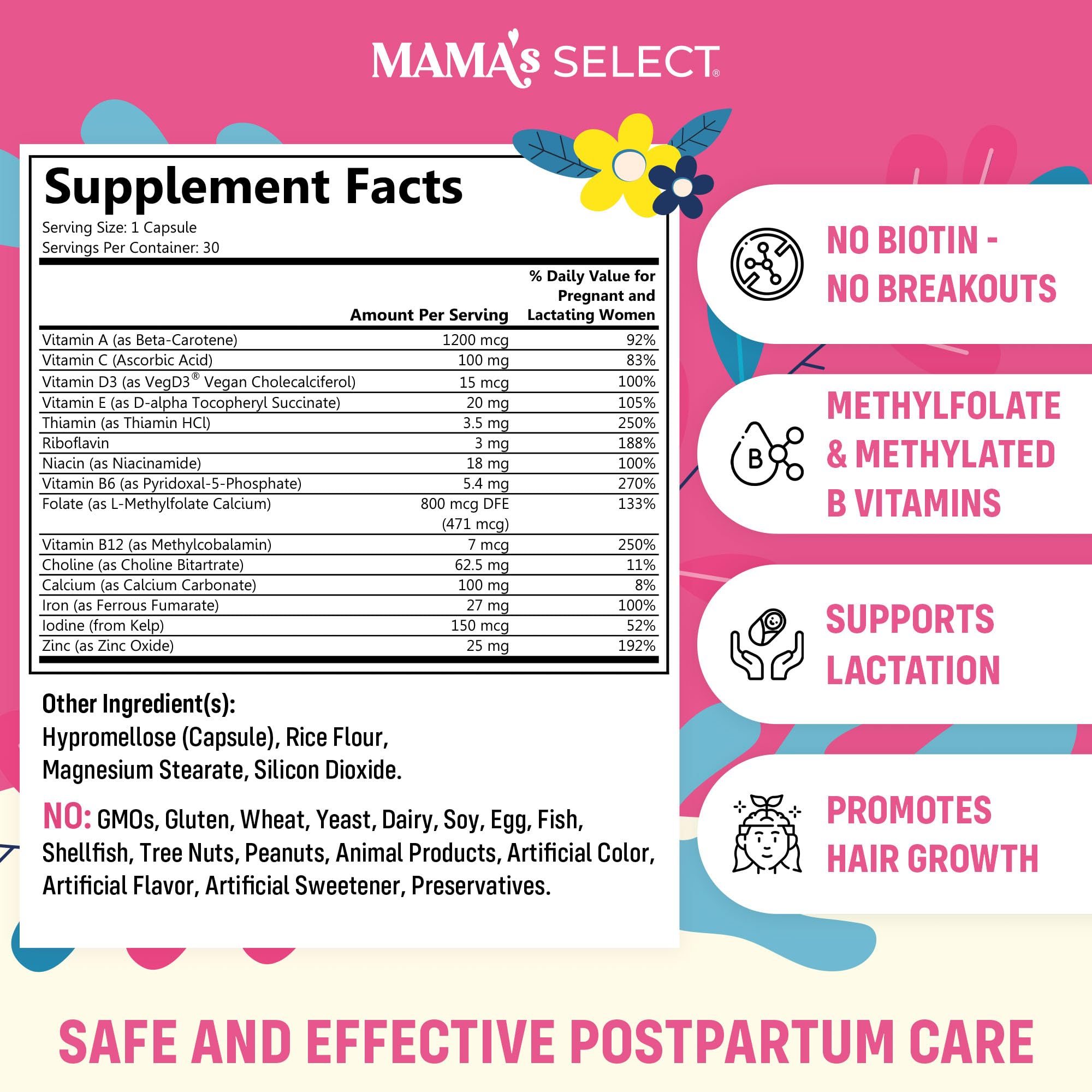 Mama's Select postnatal vitamins label highlights vegan, allergen-free formula supporting new mom wellness