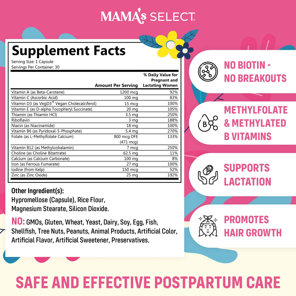 Mama's Select postnatal vitamins label highlights vegan, allergen-free formula supporting new mom wellness